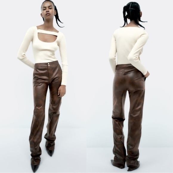 BLOGGERS FAVOURITE NWT Zara Faux Leather Pants Dark Brown - Picture 2 of 13
